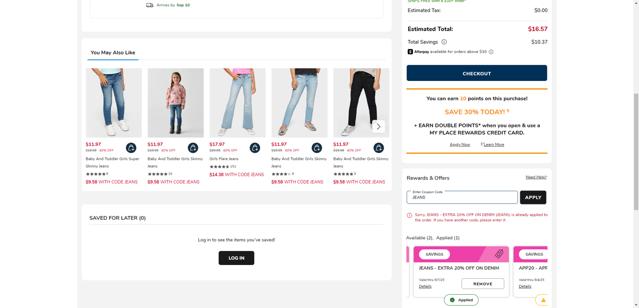 The Children's Place checkout page showing The Children's Place coupon code box | Screenshot taken by SimplyCodes community member on Sep 4, 2025