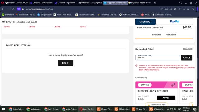 The Children's Place checkout page showing The Children's Place coupon code box | Screenshot taken by SimplyCodes community member on Sep 4, 2025
