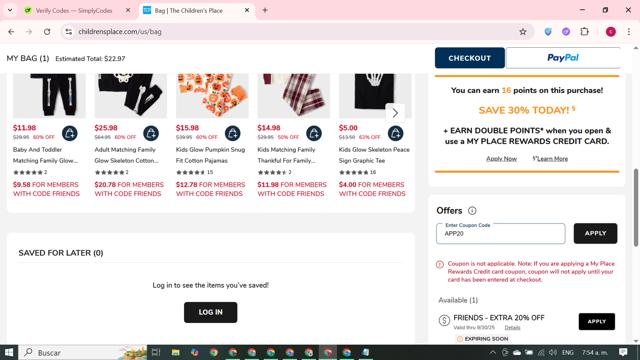 The Children's Place checkout page showing The Children's Place coupon code box | Screenshot taken by SimplyCodes community member on Sep 26, 2025
