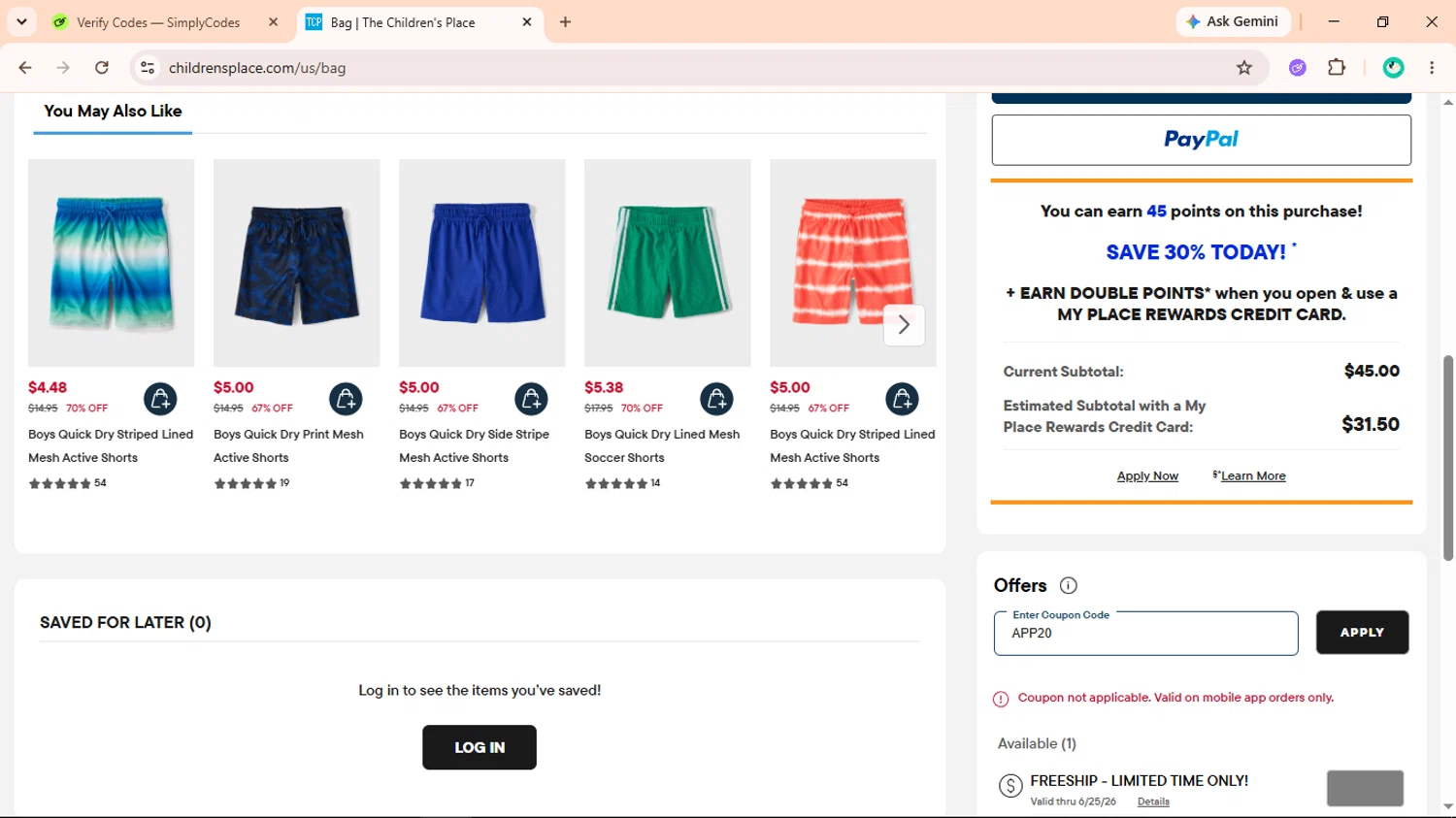 Verification screenshot for 20% Off Clearance with The Children's Place's Mobile App at The Children's Place - 17d ago