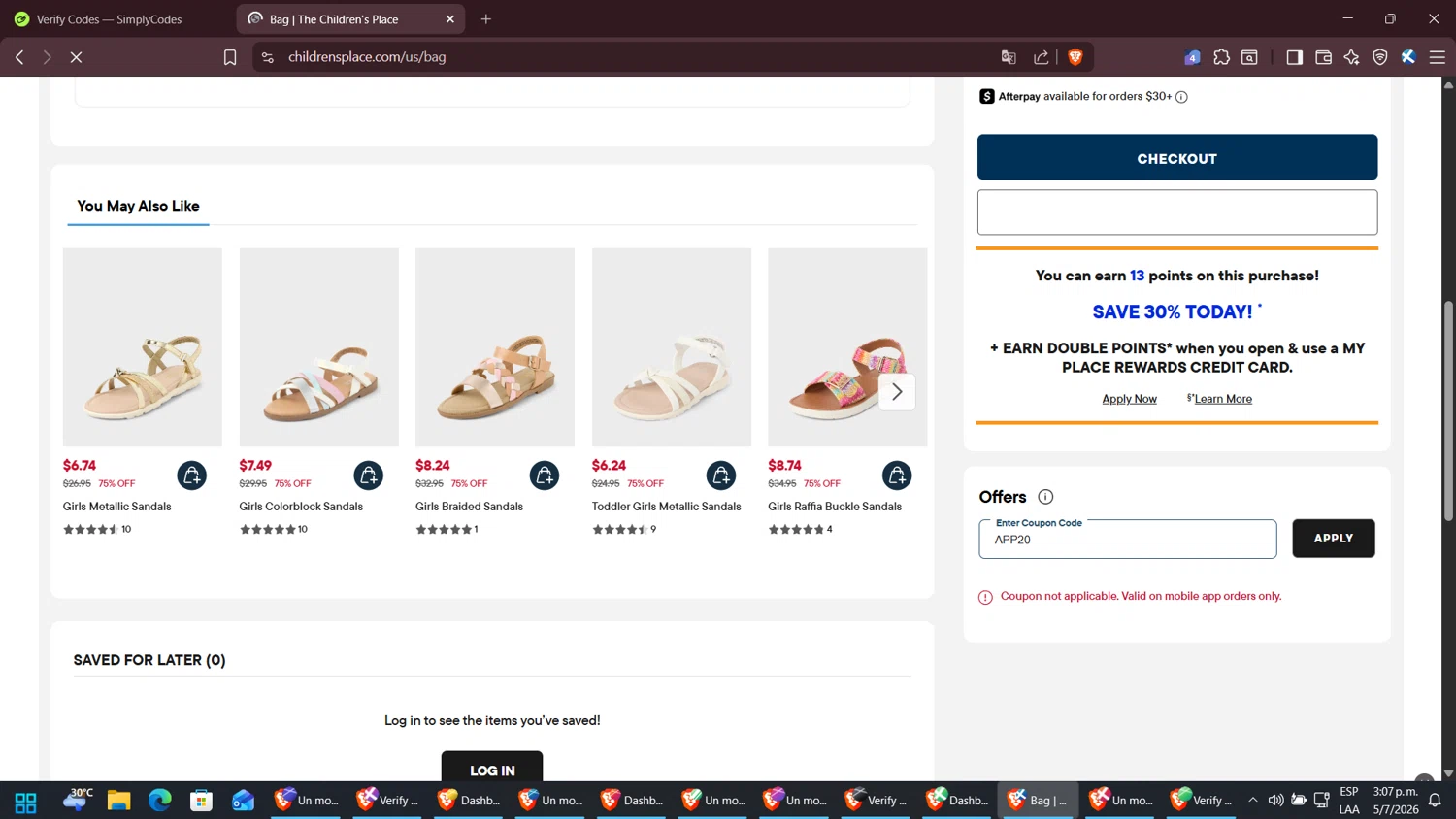 Verification screenshot for 20% Off Clearance with The Children's Place's Mobile App at The Children's Place - 6d ago
