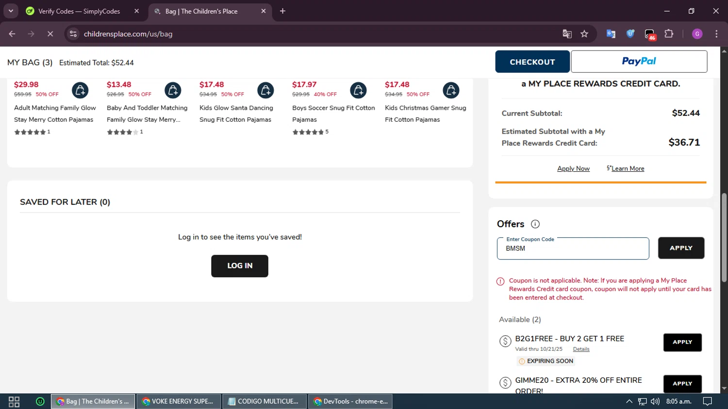 The Children's Place coupon code screenshot showing code BMSM applied at The Children's Place checkout page. Uploaded by SimplyCodes community member RewardHero5435 on Oct 20, 2025