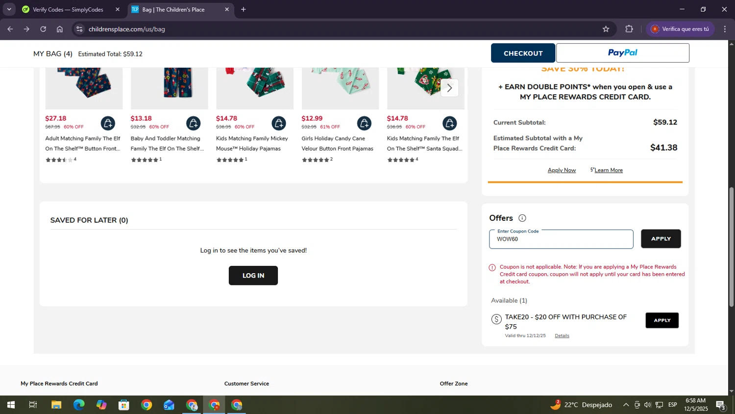 The Children's Place coupon code screenshot showing code WOW60 applied at The Children's Place checkout page. Uploaded by SimplyCodes community member MagnificentExpert2705 on Dec 5, 2025