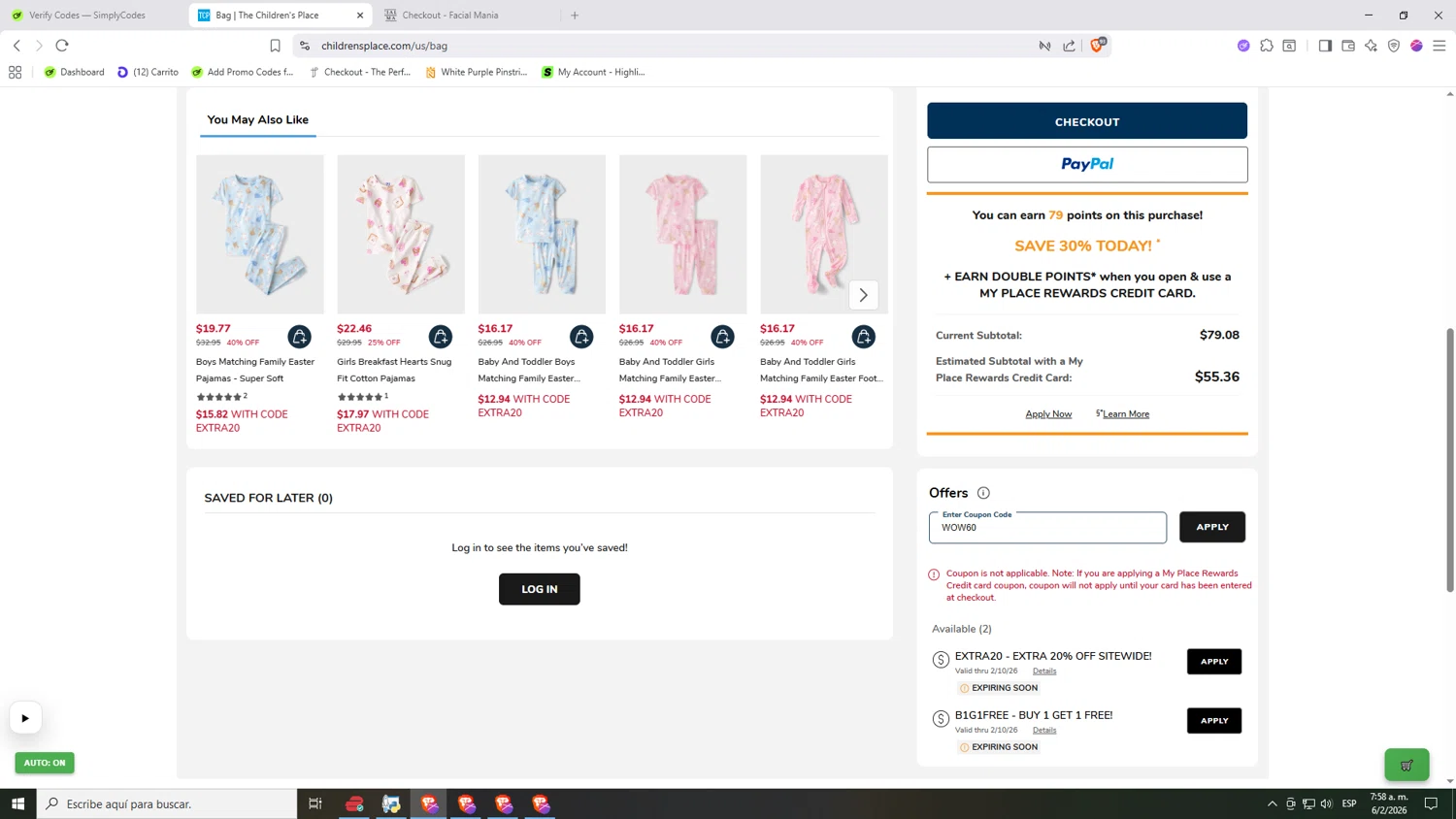 The Children's Place checkout page showing The Children's Place coupon code box | Screenshot taken by SimplyCodes community member on Feb 6, 2026