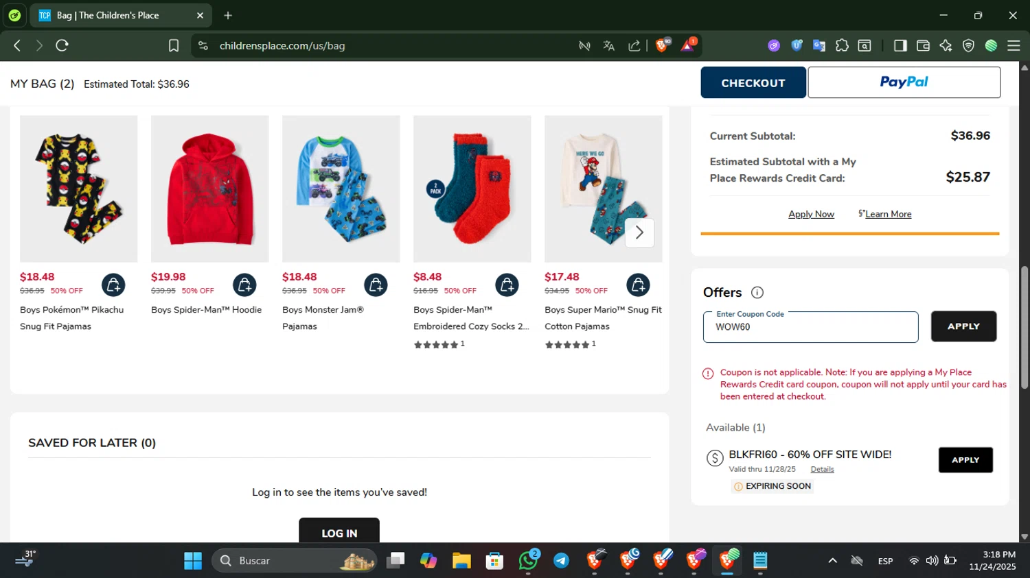 The Children's Place coupon code screenshot showing code WOW60 applied at The Children's Place checkout page. Uploaded by SimplyCodes community member SilverKnight3628 on Nov 24, 2025