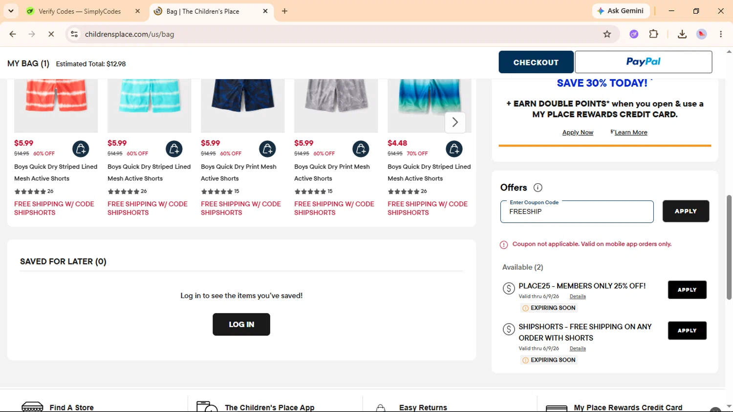 Verification screenshot for Free Shipping Storewide at The Children's Place - 37d ago