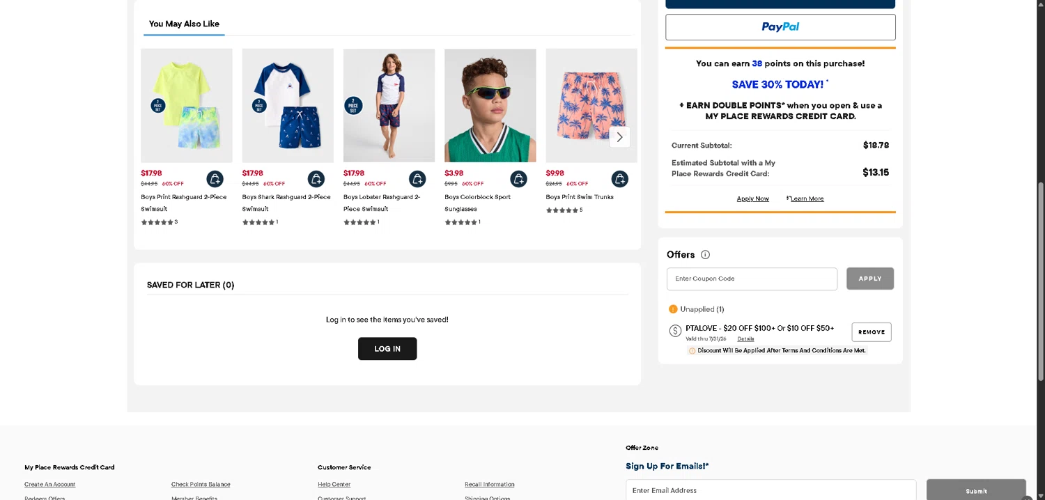 Verification screenshot for Up to 20 Dollars Storewide (minimum Order $50) at The Children's Place — 41d ago