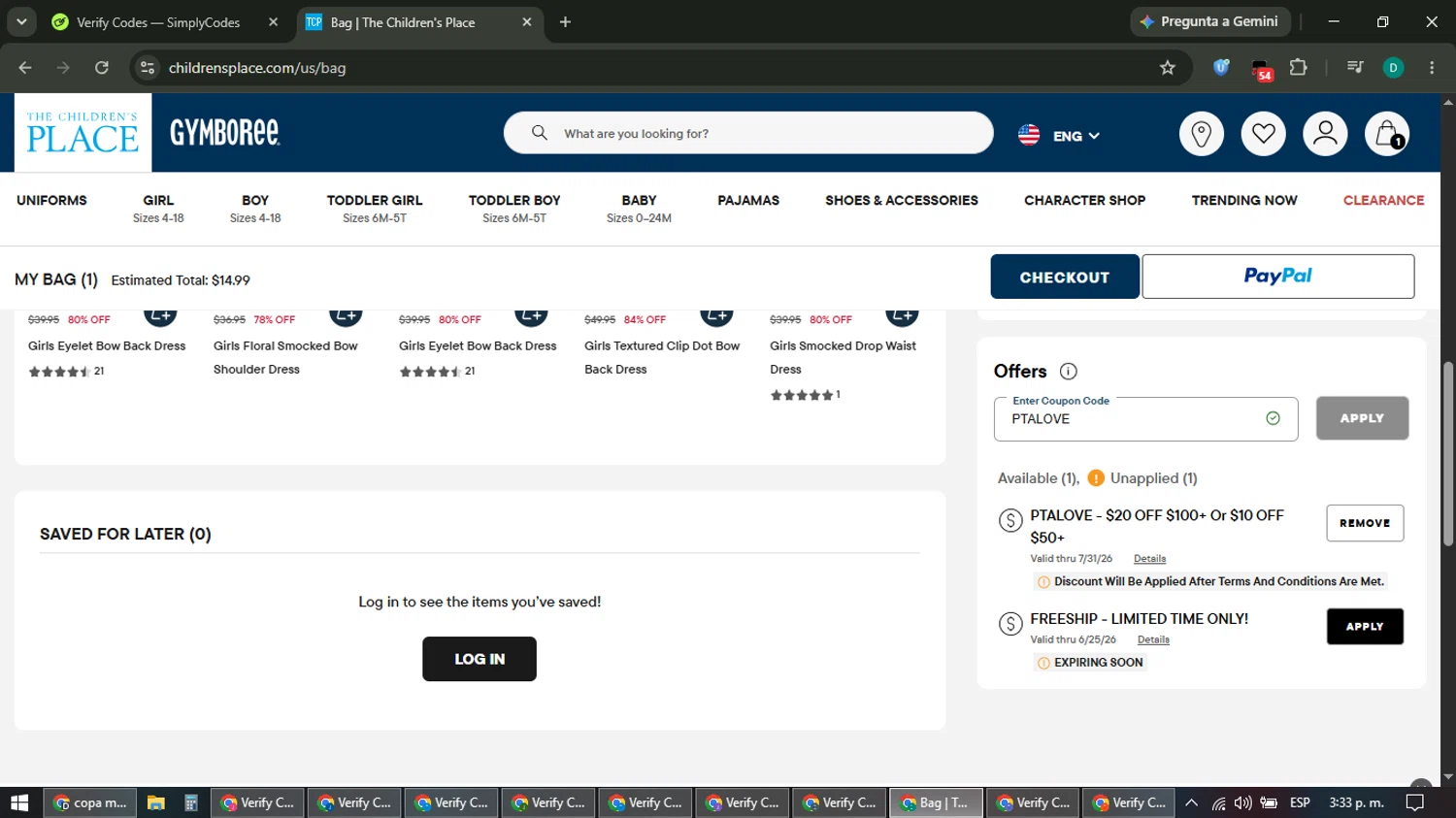 Verification screenshot for Up to 20 Dollars Storewide at The Children's Place - 17d ago