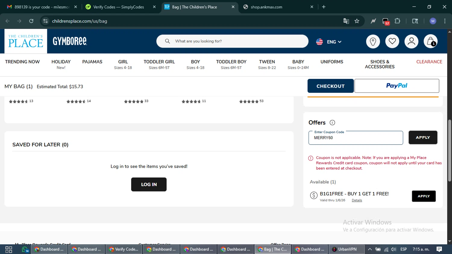 The Children's Place coupon code screenshot showing code Merry60 applied at The Children's Place checkout page. Uploaded by SimplyCodes community member PrimeFox5260 on Dec 24, 2025