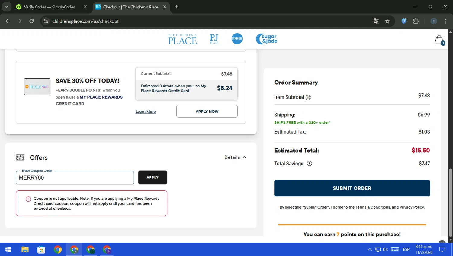 The Children's Place checkout page showing The Children's Place coupon code box | Screenshot taken by SimplyCodes community member on Feb 11, 2026