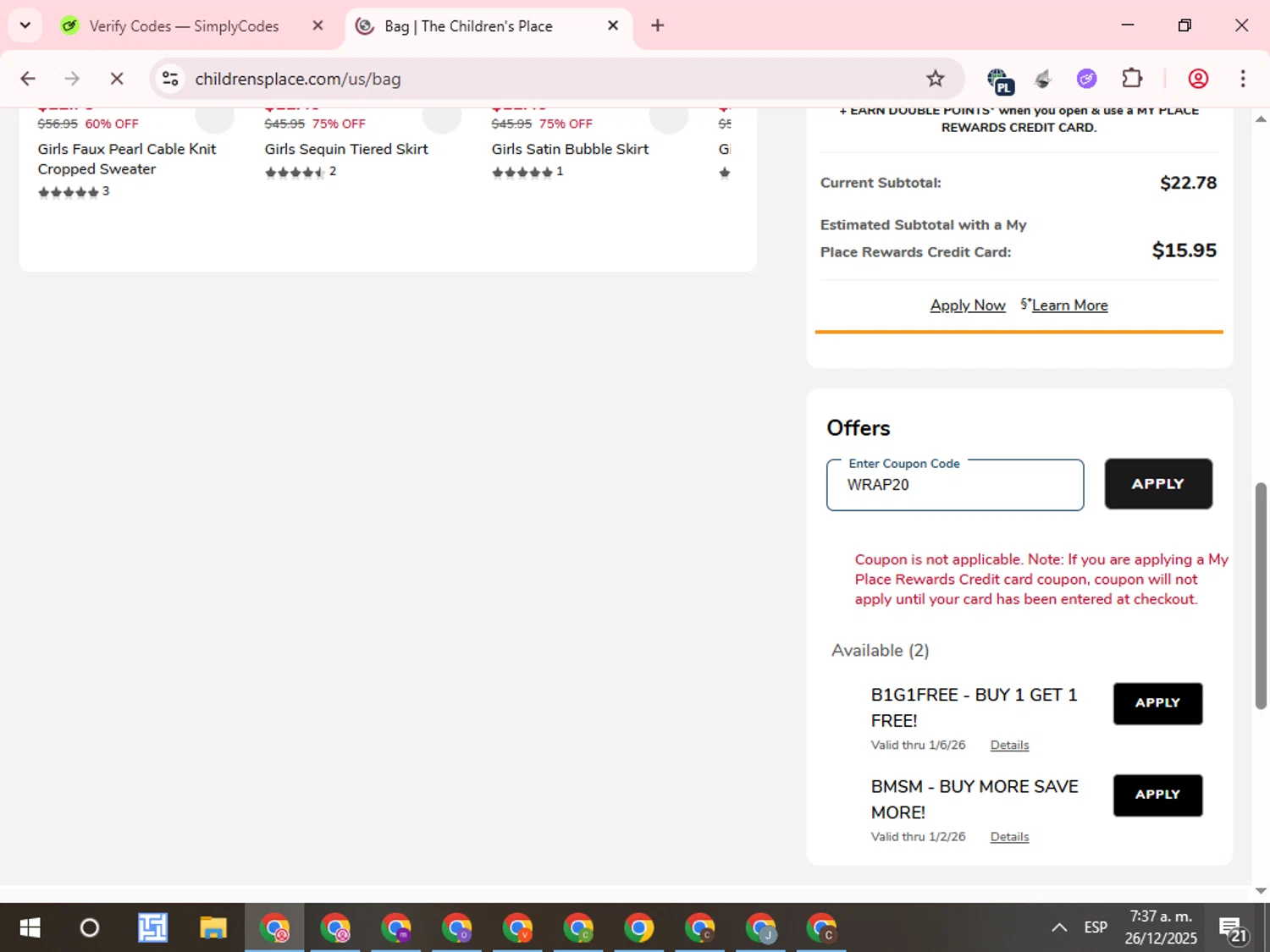 The Children's Place coupon code screenshot showing code WRAP20 applied at The Children's Place checkout page. Uploaded by SimplyCodes community member WonderCurator7831 on Dec 26, 2025