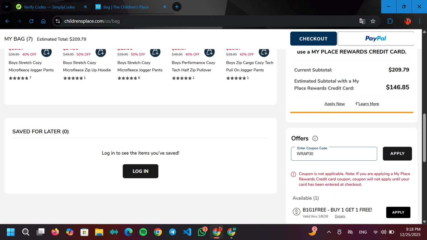 The Children's Place checkout page showing The Children's Place coupon code box | Screenshot taken by SimplyCodes community member on Dec 26, 2025