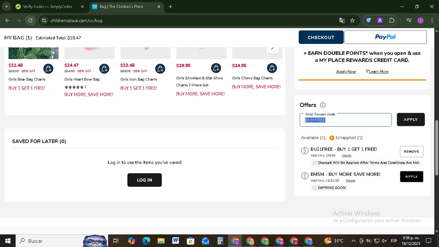 The Children's Place coupon code screenshot showing code B1G1FREE applied at The Children's Place checkout page. Uploaded by SimplyCodes community member Tazbravo on Dec 19, 2025