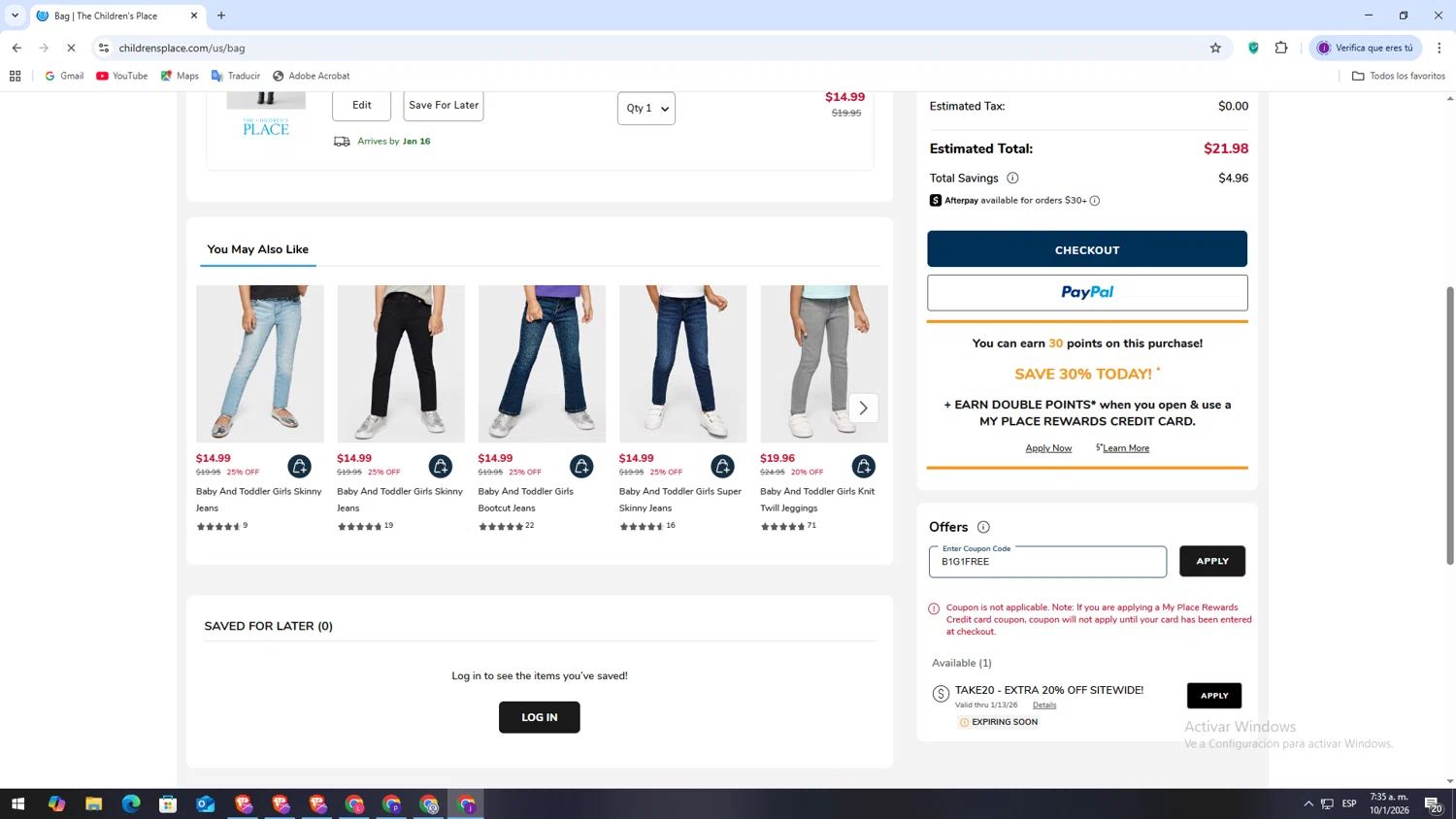 The Children's Place checkout page showing The Children's Place coupon code box | Screenshot taken by SimplyCodes community member on Jan 10, 2026