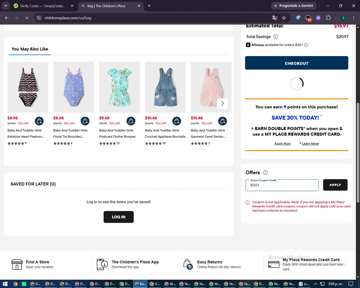 Verification screenshot for Buy 3 Get 1 Free on Clearance Items (must Order 4) at the Children's Place Clearance Items at The Children's Place - 4d ago