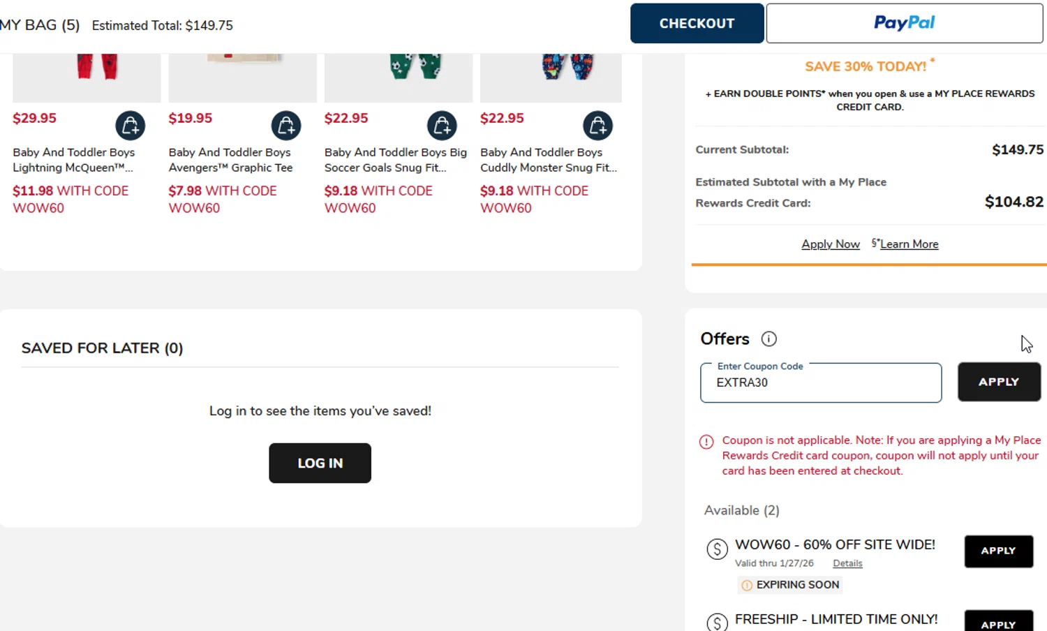 The Children's Place coupon code screenshot showing code EXTRA30 applied at The Children's Place checkout page. Uploaded by SimplyCodes community member BudgetGuardian5712 on Jan 25, 2026