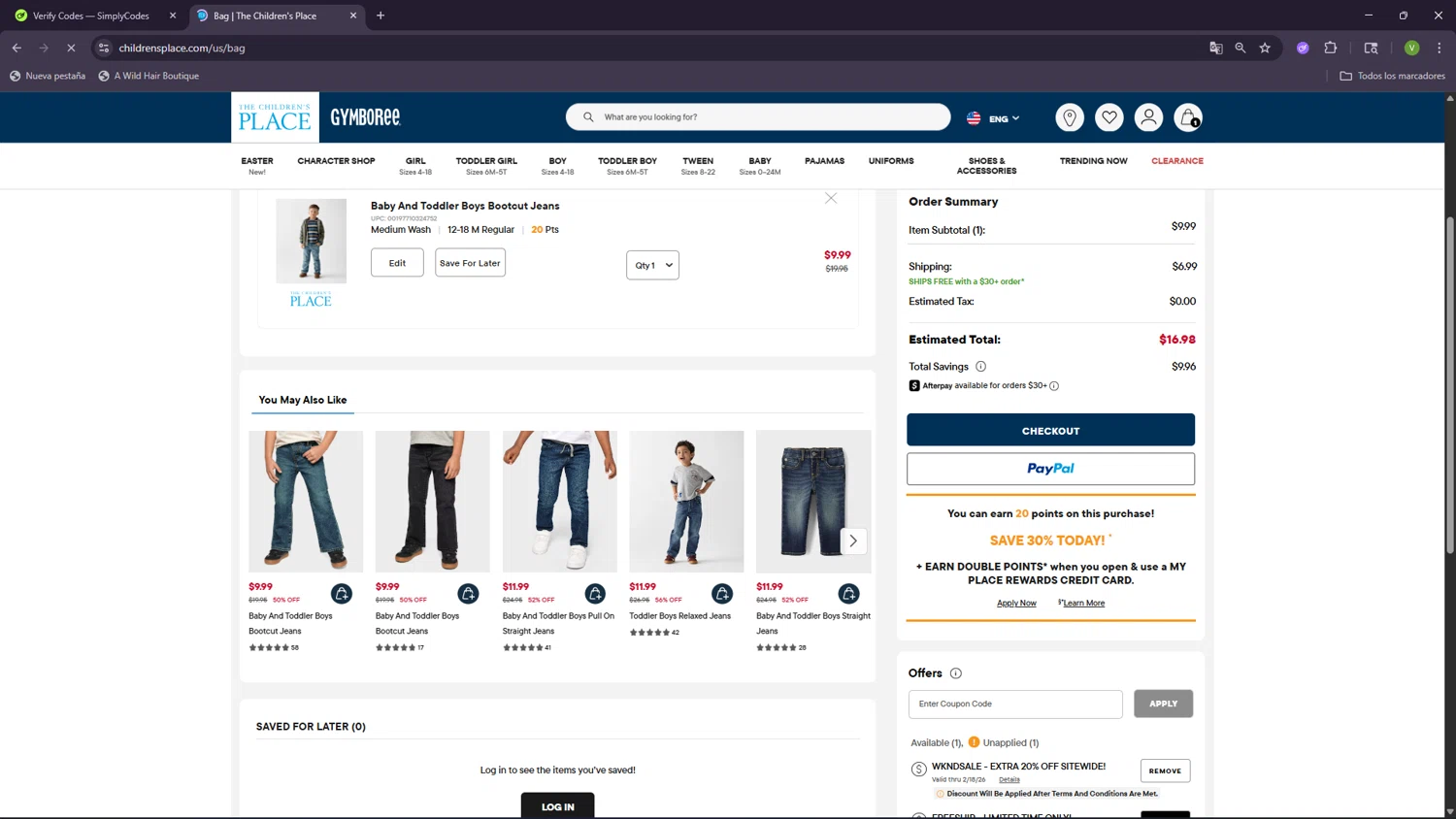 The Children's Place checkout page showing The Children's Place coupon code box | Screenshot taken by SimplyCodes community member on Feb 14, 2026