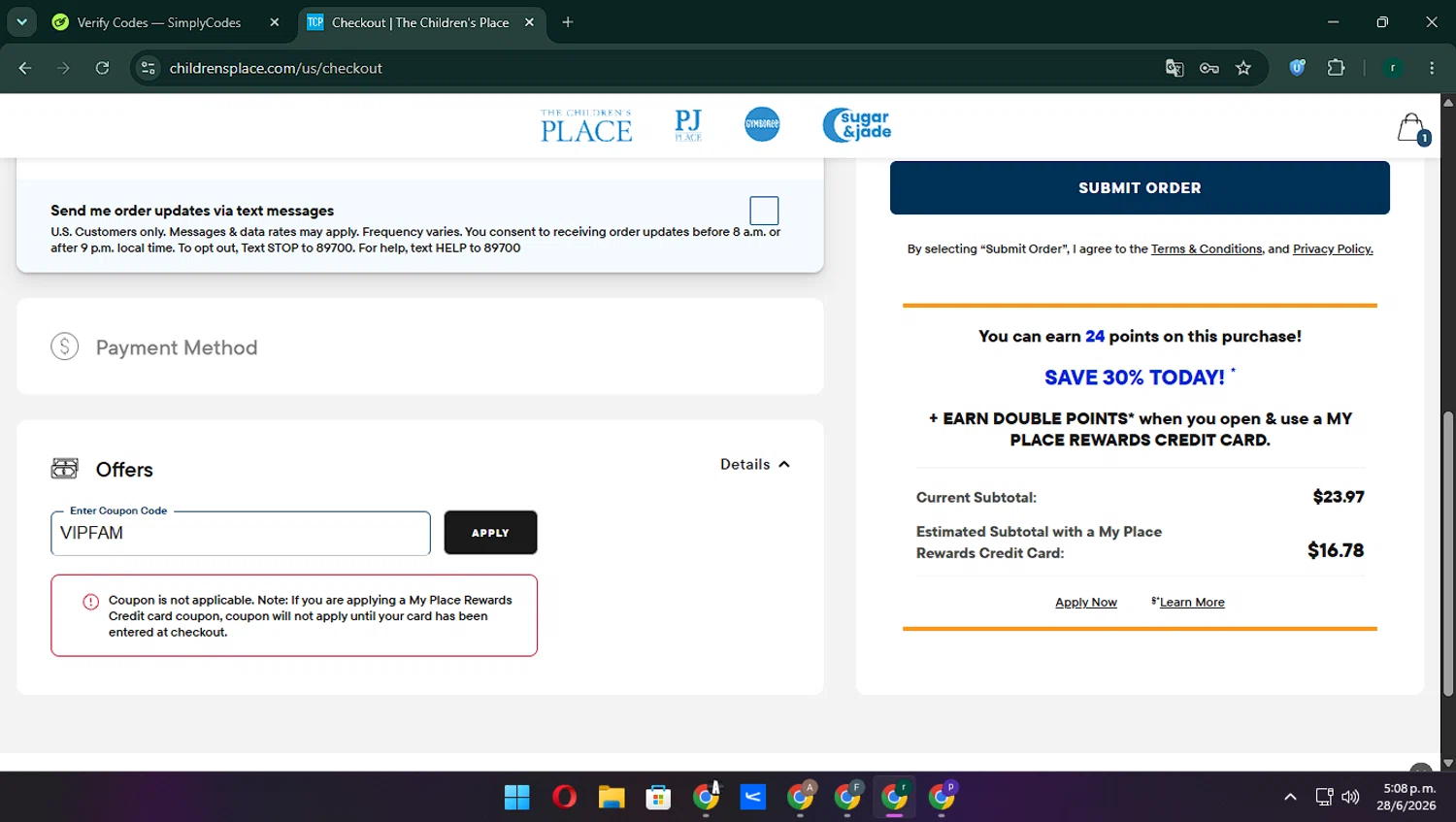 Verification screenshot for 20% Off Select Items at The Children's Place - 13d ago