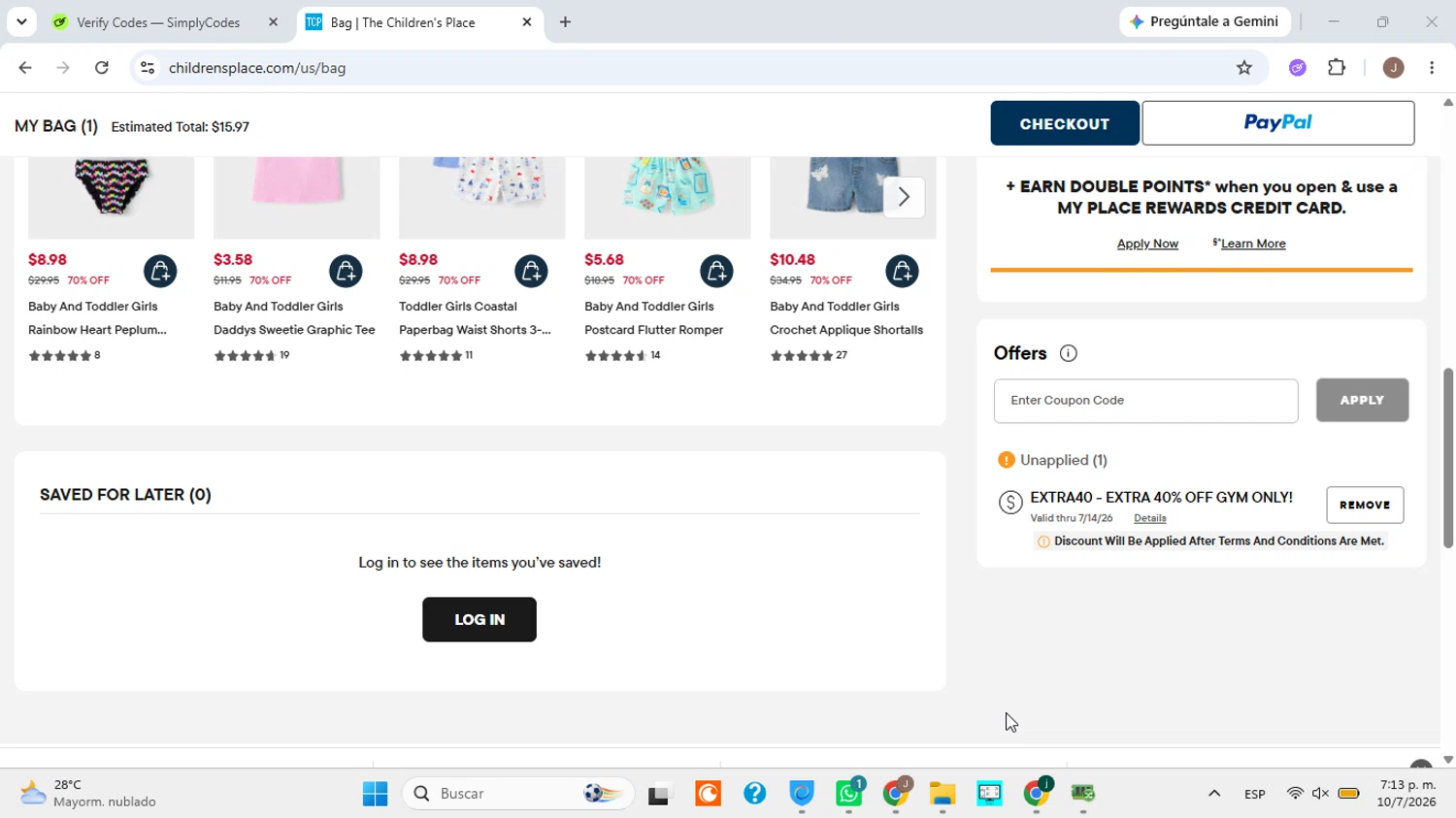 Verification screenshot for 40% Off Clearance Items at The Children's Place at The Children's Place - 1d ago