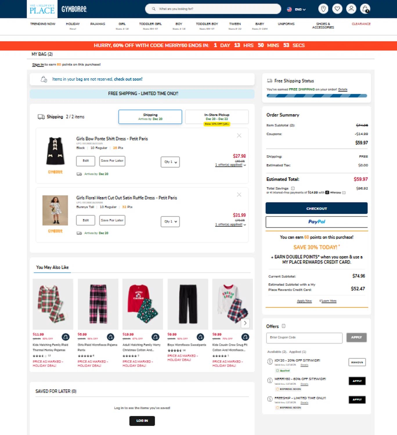 The Children's Place coupon code screenshot showing code JOY20 applied at The Children's Place checkout page. Uploaded by SimplyCodes community member DORIANGEL on Dec 13, 2025