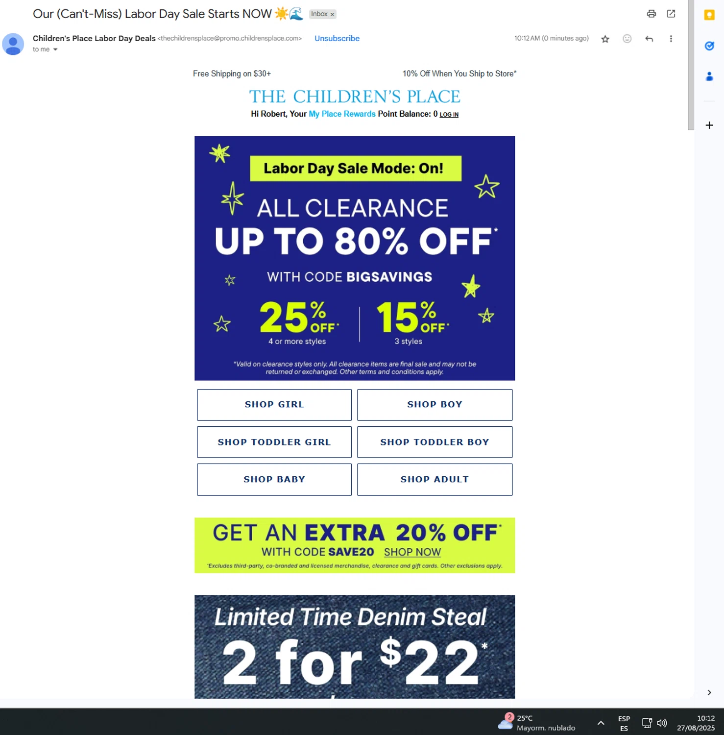 The Children's Place coupon code screenshot showing code BIGSAVINGS applied at The Children's Place checkout page. Uploaded by SimplyCodes community member UnkNownVnzla on Aug 27, 2025