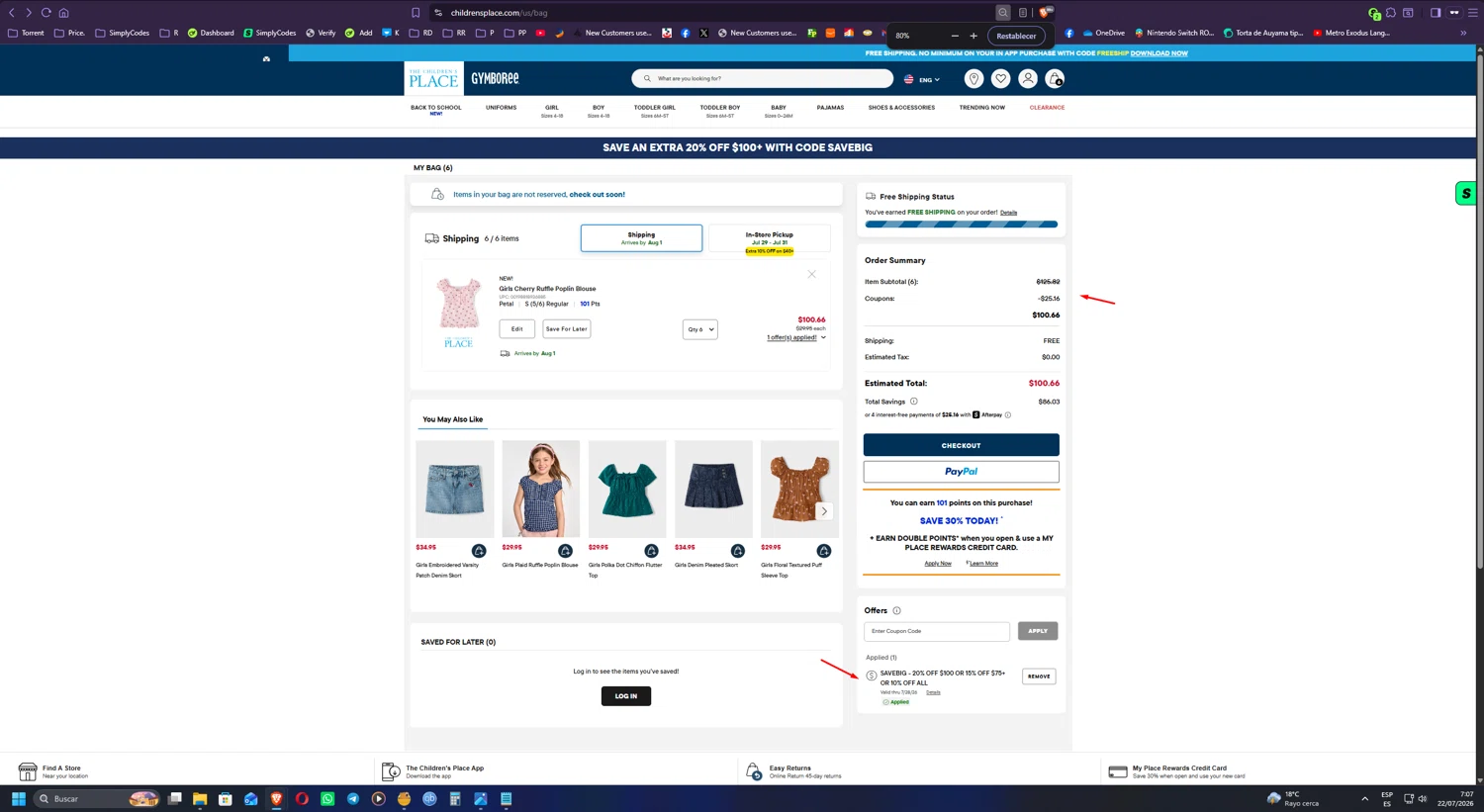 Verification screenshot for Save up to 20 Percent Off Storewide (minimum Order $100) at The Children's Place - 12d ago