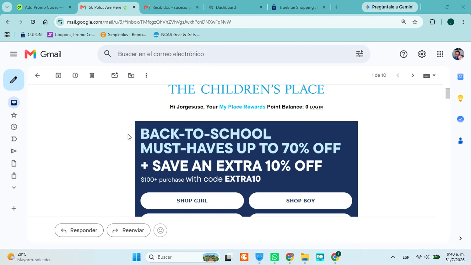Verification screenshot for 10% Off Storewide (Minimum Order: $100) at The Children's Place at The Children's Place - 2d ago