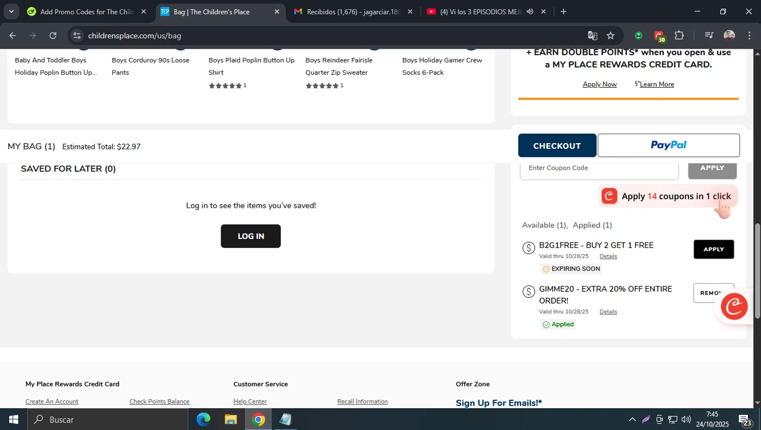 The Children's Place coupon code screenshot showing code GIMME20 applied at The Children's Place checkout page. Uploaded by SimplyCodes community member josegarcia6 on Oct 24, 2025