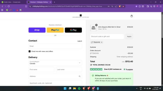 Childsplay Clothing checkout page showing Childsplay Clothing promo code box | Screenshot taken by SimplyCodes community member on Aug 31, 2025
