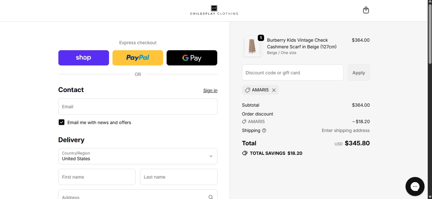 Childsplay Clothing USA promo code screenshot showing code AMARI5 applied at Childsplay Clothing USA checkout page. Uploaded by SimplyCodes community member ______________ on Dec 24, 2025
