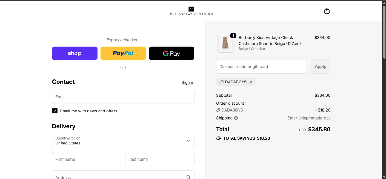 Childsplay Clothing USA promo code screenshot showing code DADABOY5 applied at Childsplay Clothing USA checkout page. Uploaded by SimplyCodes community member ______________ on Dec 24, 2025
