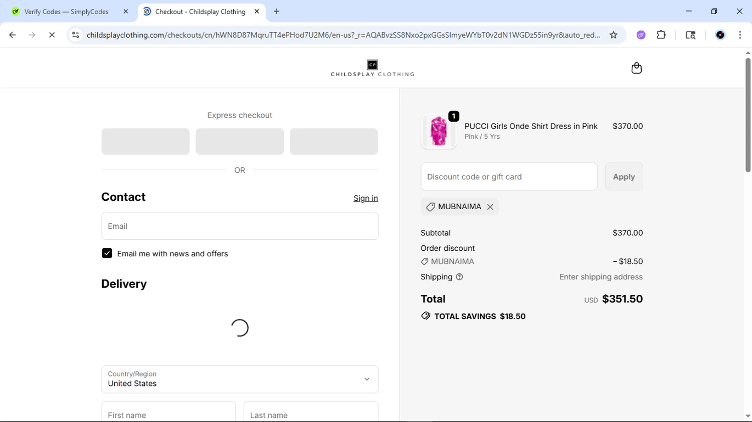 Childsplay Clothing USA checkout page showing Childsplay Clothing USA promo code box | Screenshot taken by SimplyCodes community member on Jan 30, 2026