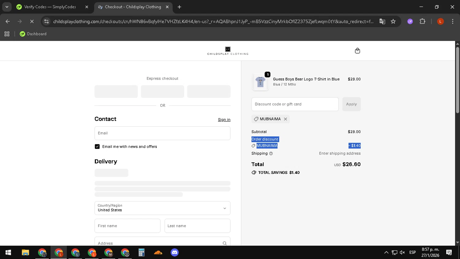 Childsplay Clothing USA promo code screenshot showing code MUBNAIMA applied at Childsplay Clothing USA checkout page. Uploaded by SimplyCodes community member luissdbv1 on Jan 28, 2026