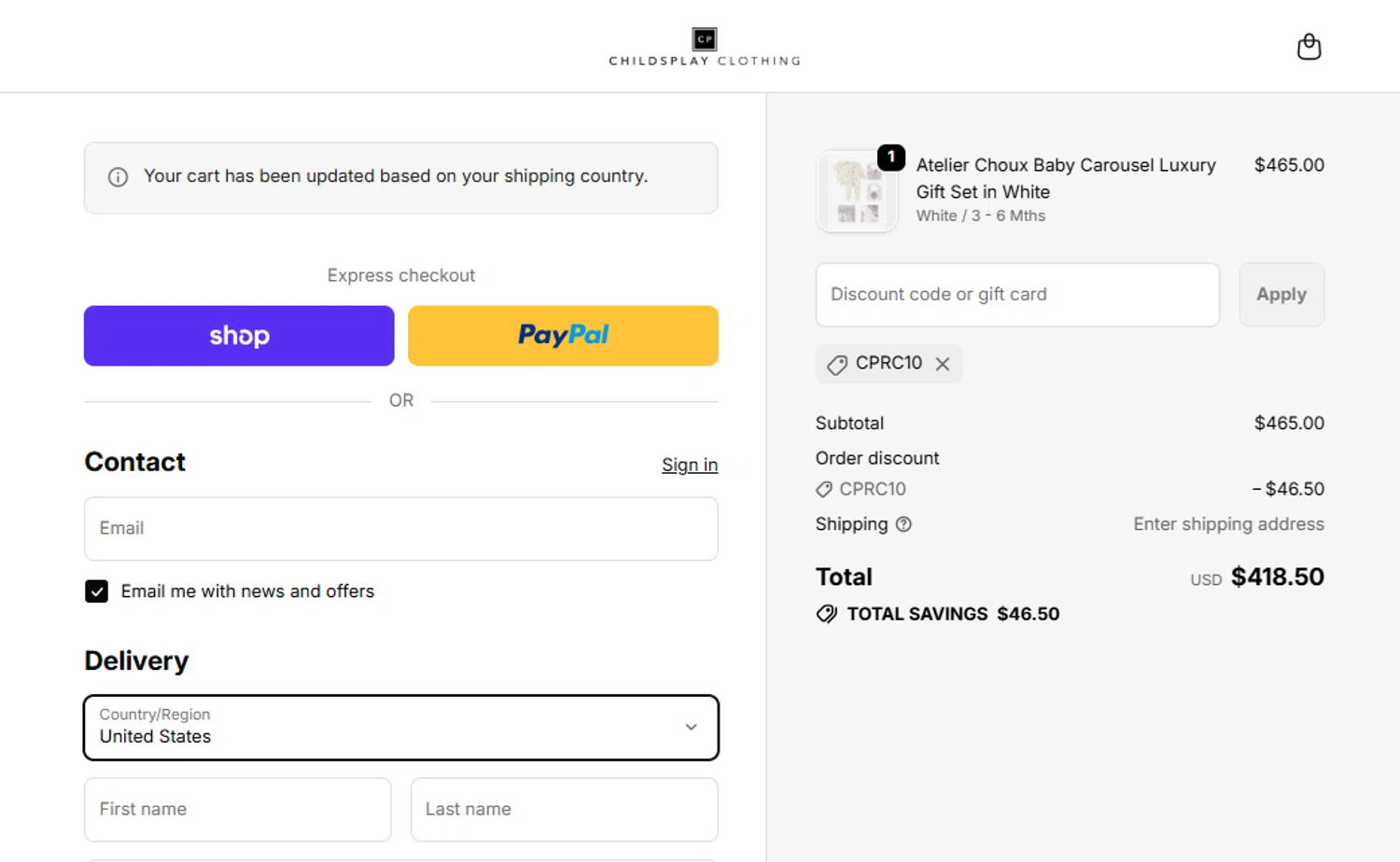 Childsplay Clothing USA promo code screenshot showing code CPRC10 applied at Childsplay Clothing USA checkout page. Uploaded by SimplyCodes community member CouponWarden4757 on Dec 24, 2025