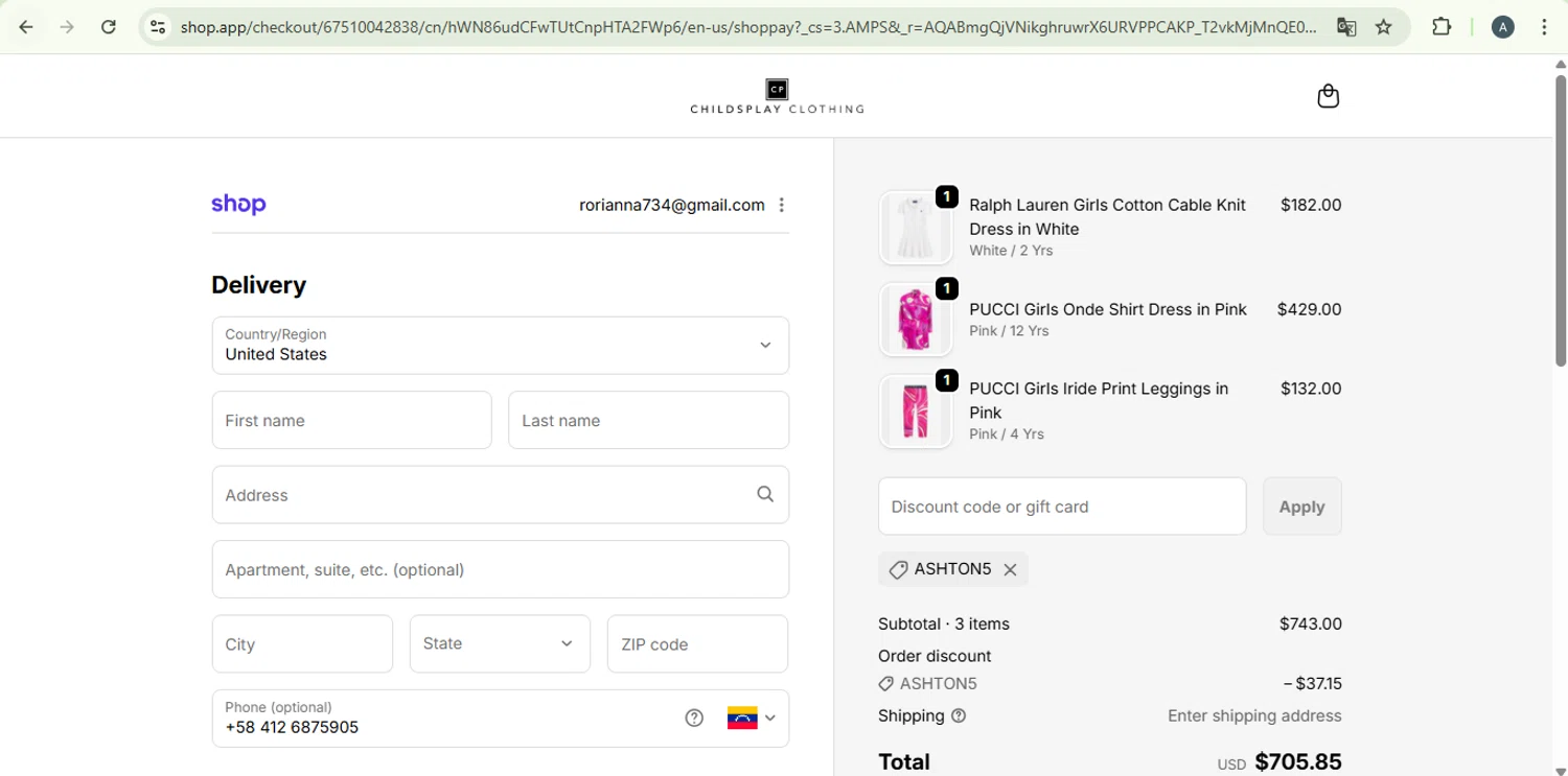 Childsplay Clothing USA promo code screenshot showing code ASHTON5 applied at Childsplay Clothing USA checkout page. Uploaded by SimplyCodes community member PromoExpert5262 on Jan 31, 2026