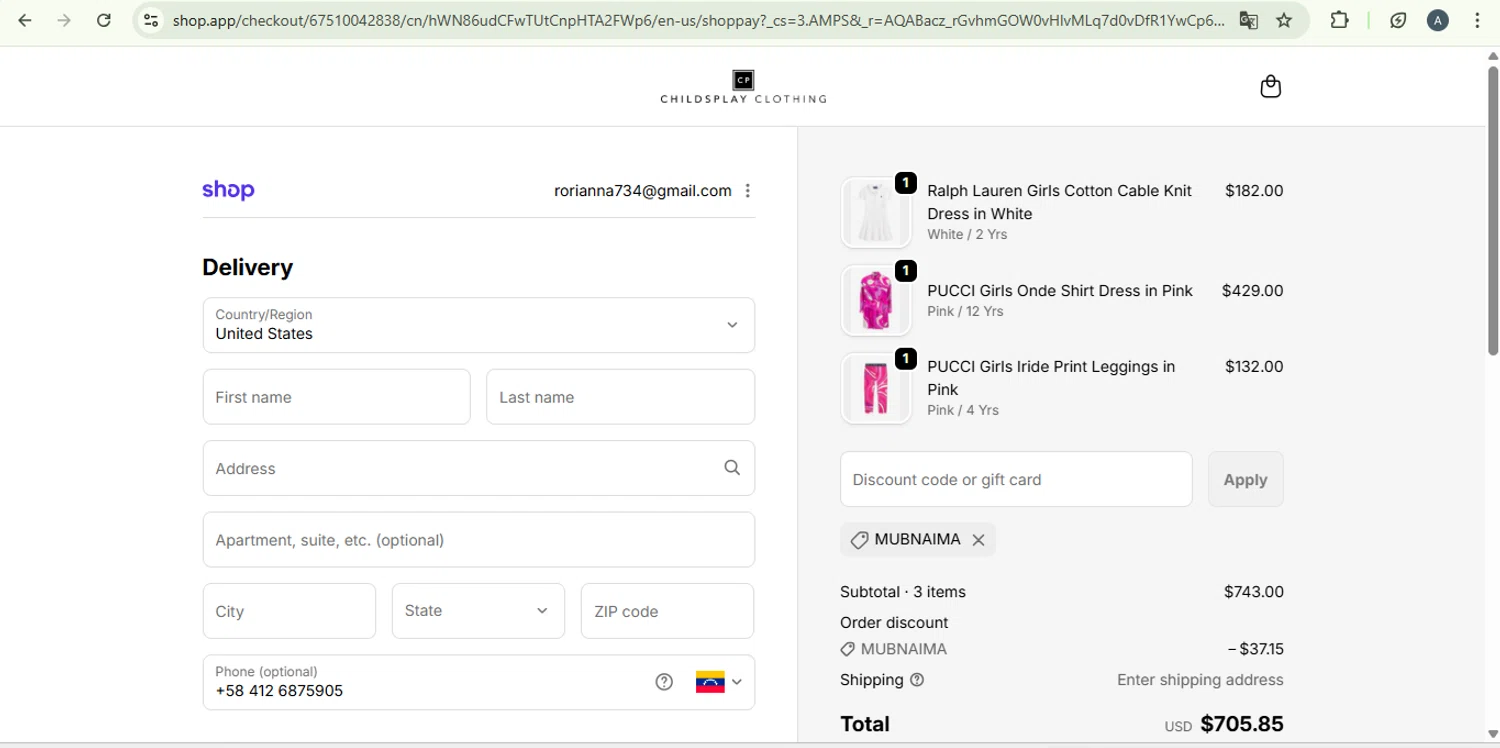 Childsplay Clothing USA promo code screenshot showing code MUBNAIMA applied at Childsplay Clothing USA checkout page. Uploaded by SimplyCodes community member PromoExpert5262 on Jan 28, 2026