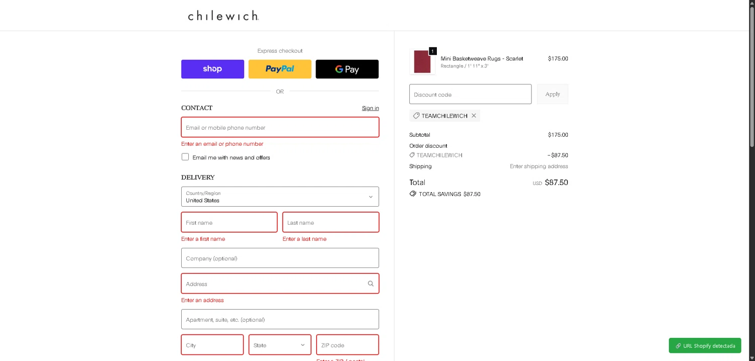 Chilewich promo code screenshot showing code teamchilewich applied at Chilewich checkout page. Uploaded by SimplyCodes community member ExtraordinaryMaven3628 on Dec 6, 2025