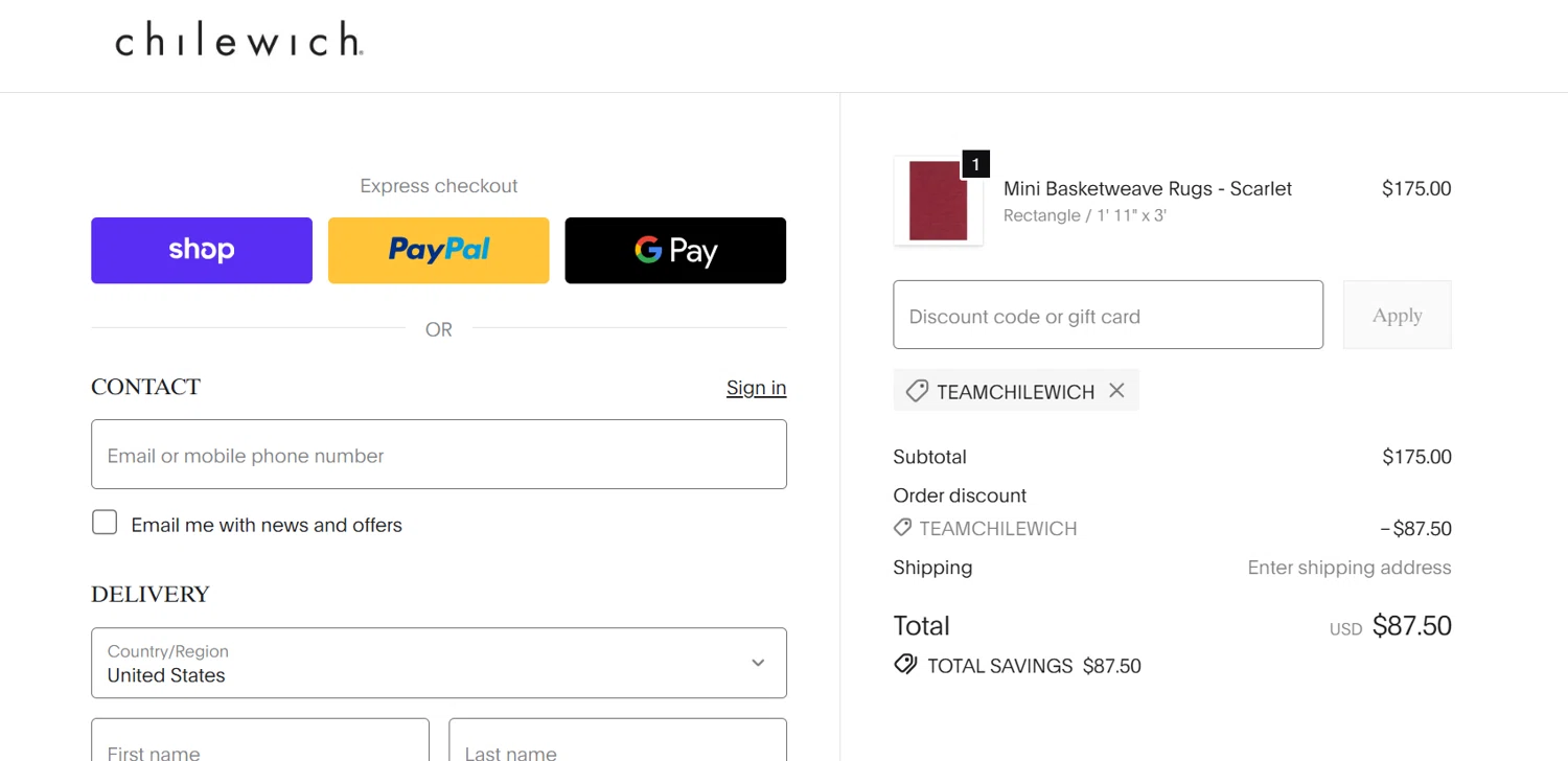 Chilewich checkout page showing Chilewich promo code box | Screenshot taken by SimplyCodes community member on Dec 30, 2025