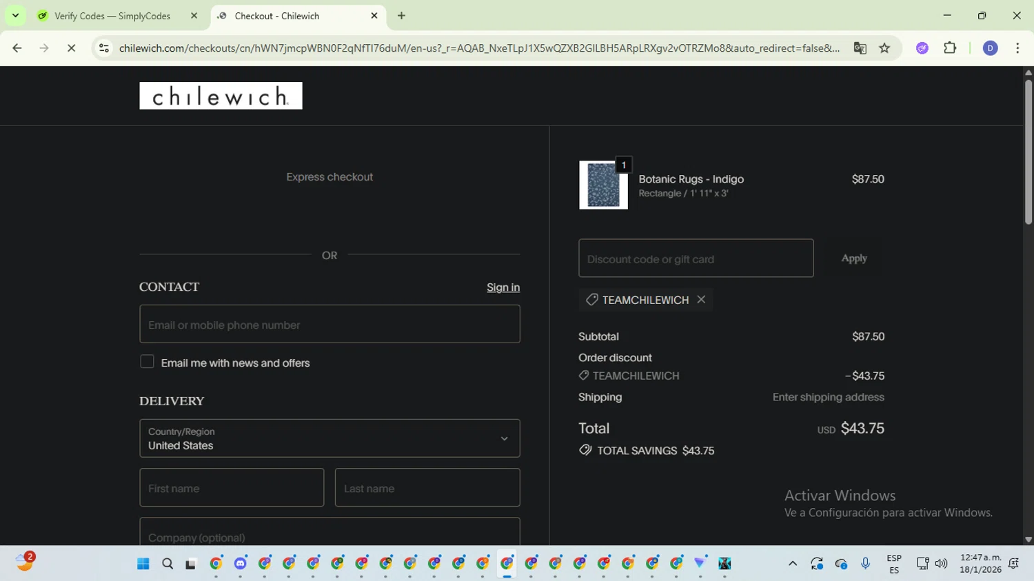 Chilewich checkout page showing Chilewich promo code box | Screenshot taken by SimplyCodes community member on Jan 18, 2026