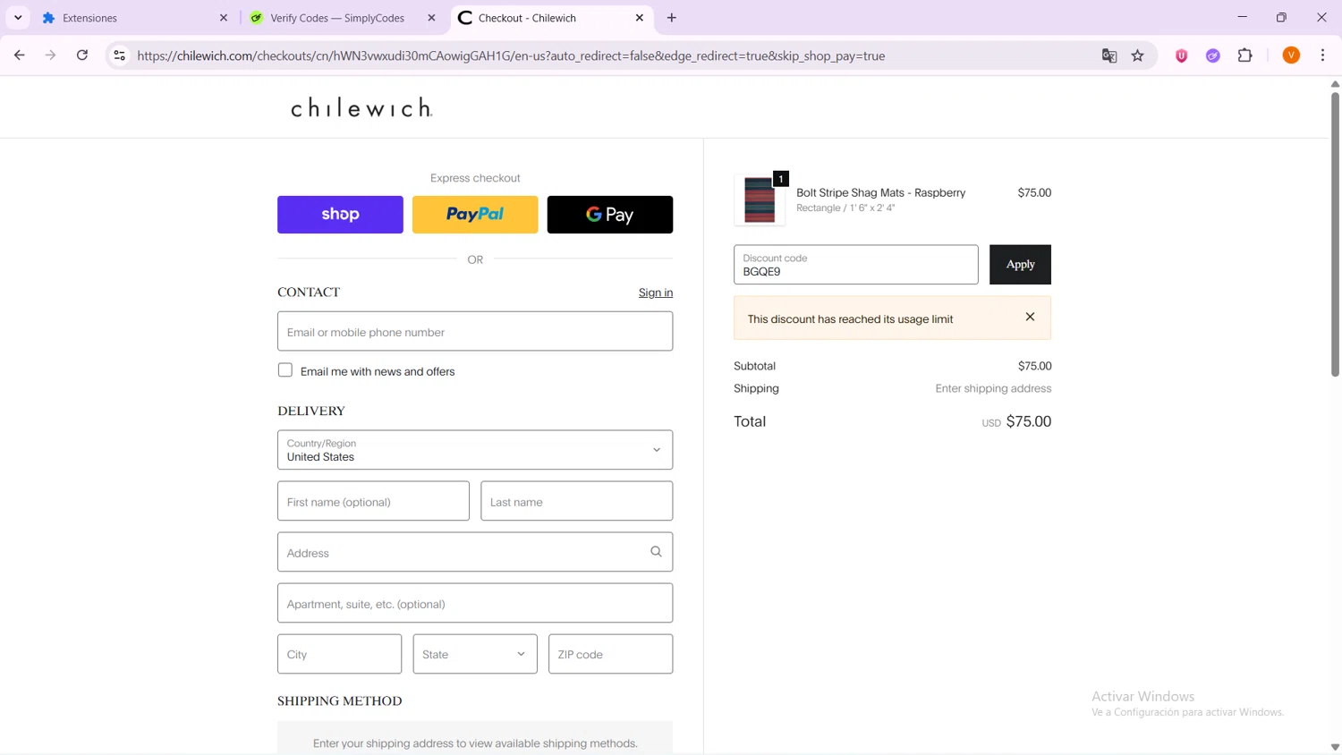 Chilewich promo code screenshot showing code BGQE9 applied at Chilewich checkout page. Uploaded by SimplyCodes community member VoucherShopper4674 on Oct 9, 2025