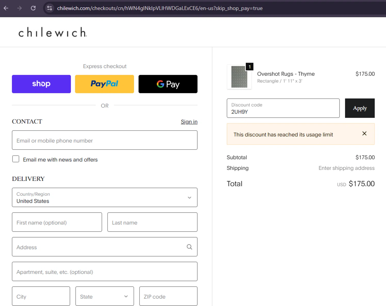 Chilewich promo code screenshot showing code 2UH9Y applied at Chilewich checkout page. Uploaded by SimplyCodes community member MoneySage8222 on Oct 29, 2025