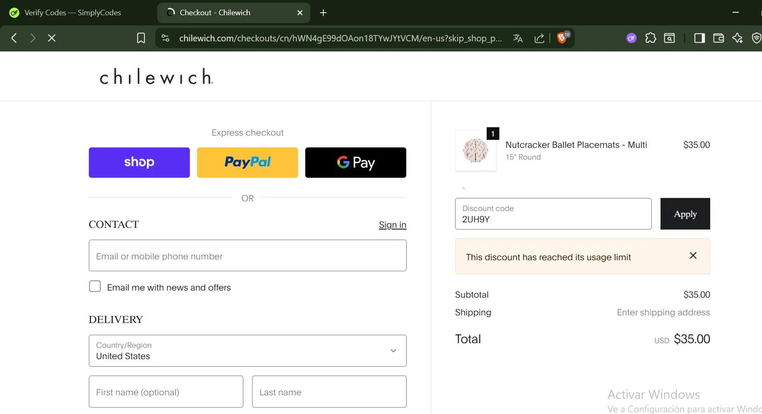 Chilewich promo code screenshot showing code 2UH9Y applied at Chilewich checkout page. Uploaded by SimplyCodes community member SwiftLynx6587 on Oct 29, 2025