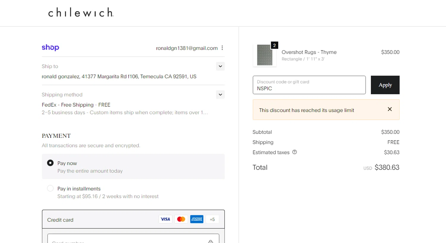Chilewich promo code screenshot showing code NSPIC applied at Chilewich checkout page. Uploaded by SimplyCodes community member SavvyHawk656 on Nov 19, 2025