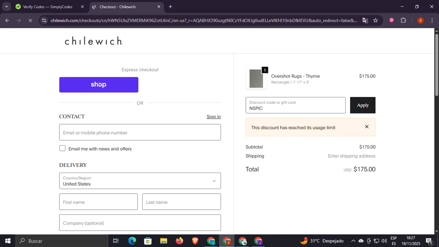 Chilewich promo code screenshot showing code NSPIC applied at Chilewich checkout page. Uploaded by SimplyCodes community member Scottcawthon on Nov 19, 2025