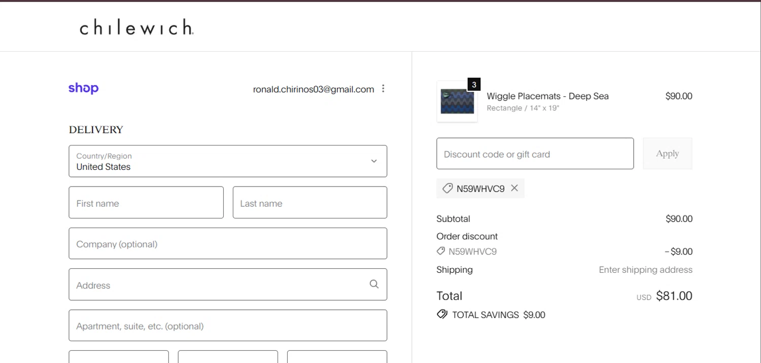 Chilewich promo code screenshot showing code N59WHVC9 applied at Chilewich checkout page. Uploaded by SimplyCodes community member CleverGenius9882 on Feb 7, 2026