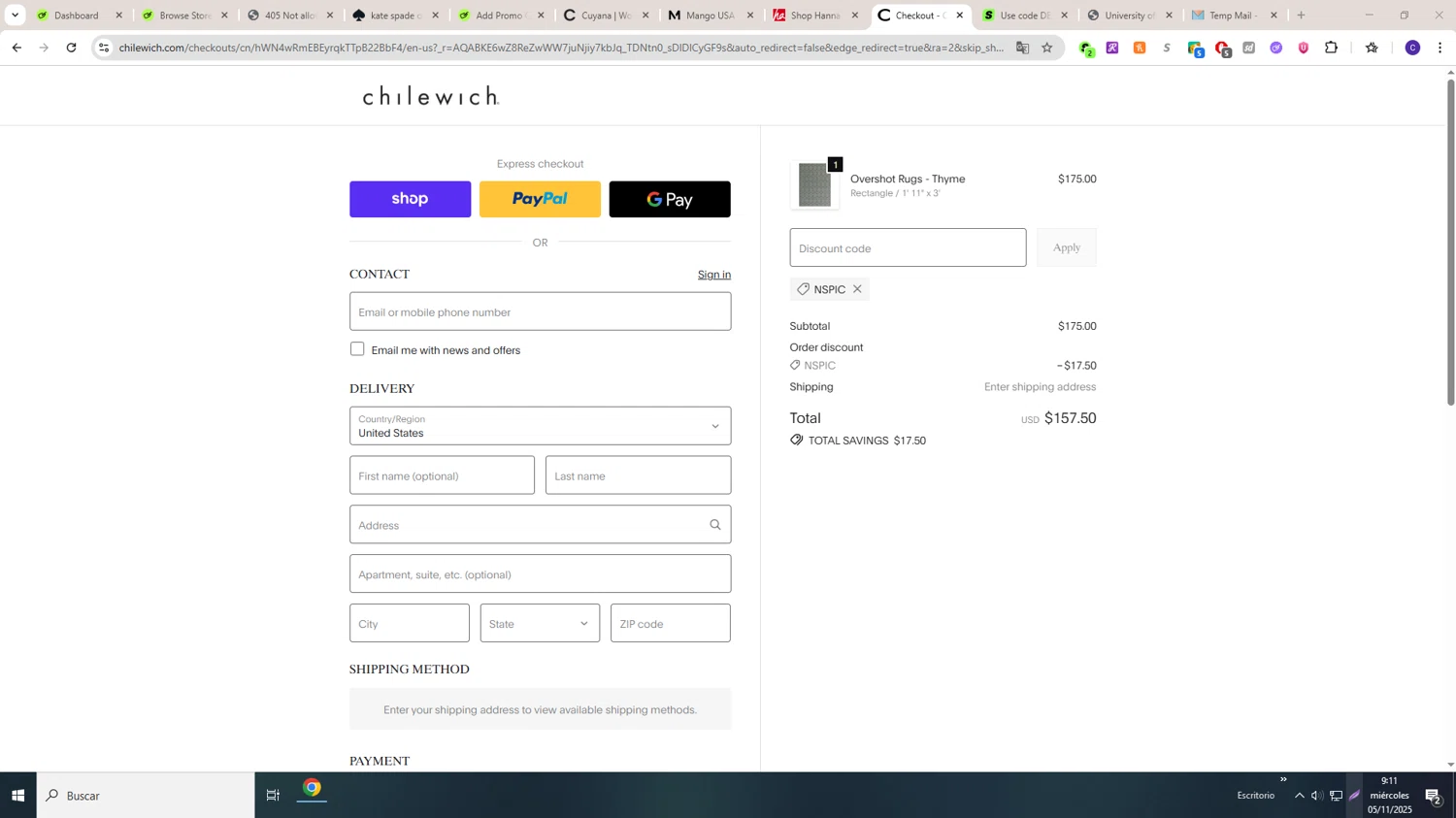 Chilewich promo code screenshot showing code NSPIC applied at Chilewich checkout page. Uploaded by SimplyCodes community member LAGUGU on Nov 5, 2025