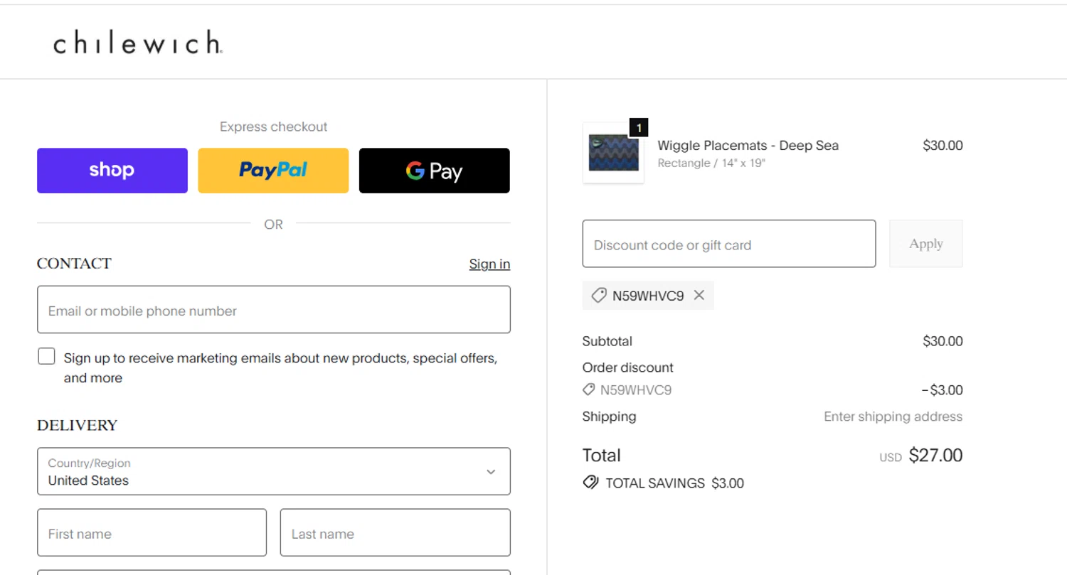 Chilewich promo code screenshot showing code N59WHVC9 applied at Chilewich checkout page. Uploaded by SimplyCodes community member Loki_Odinson on Feb 7, 2026