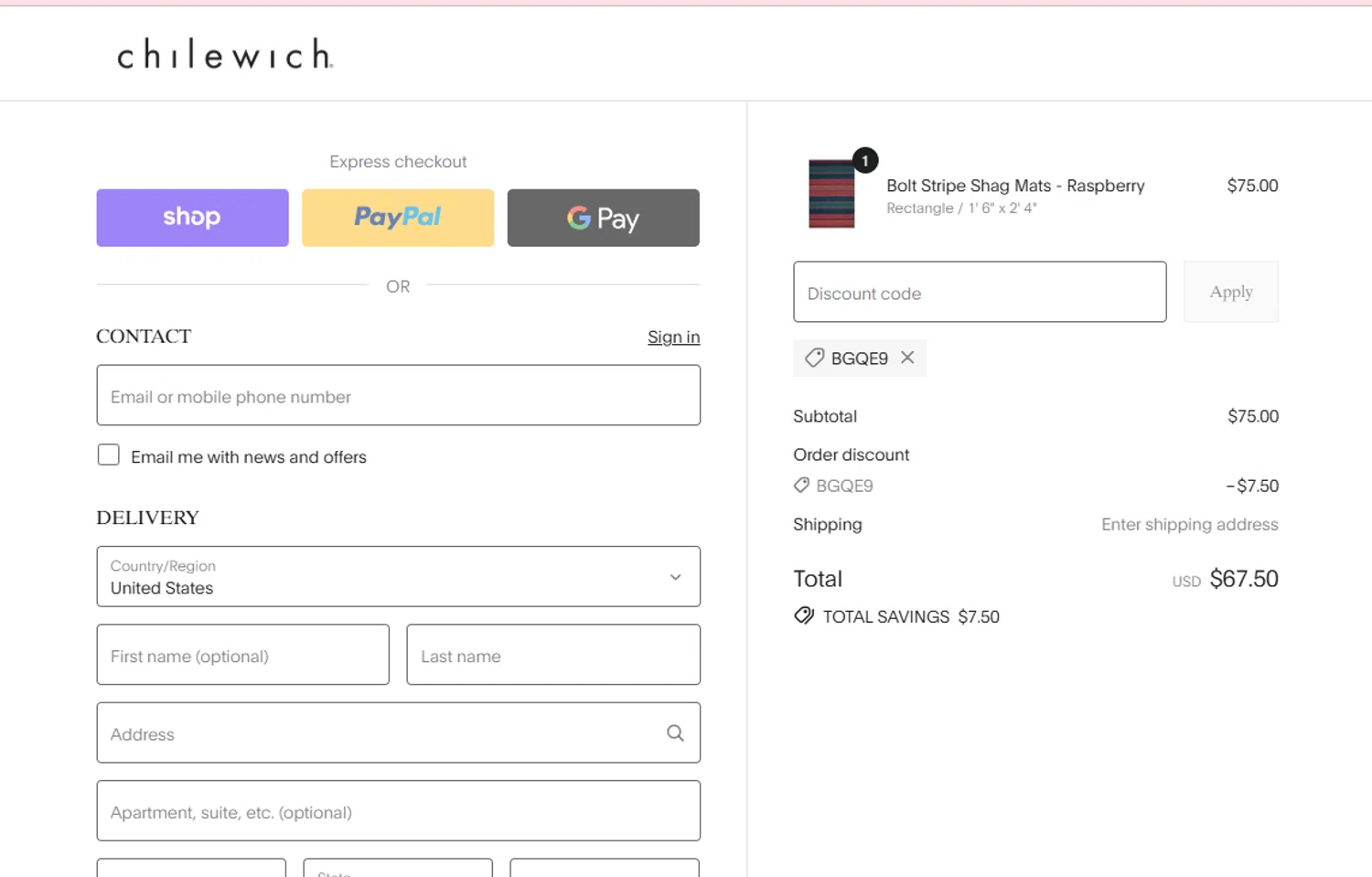 Chilewich promo code screenshot showing code BGQE9 applied at Chilewich checkout page. Uploaded by SimplyCodes community member Westcoll on Sep 10, 2025