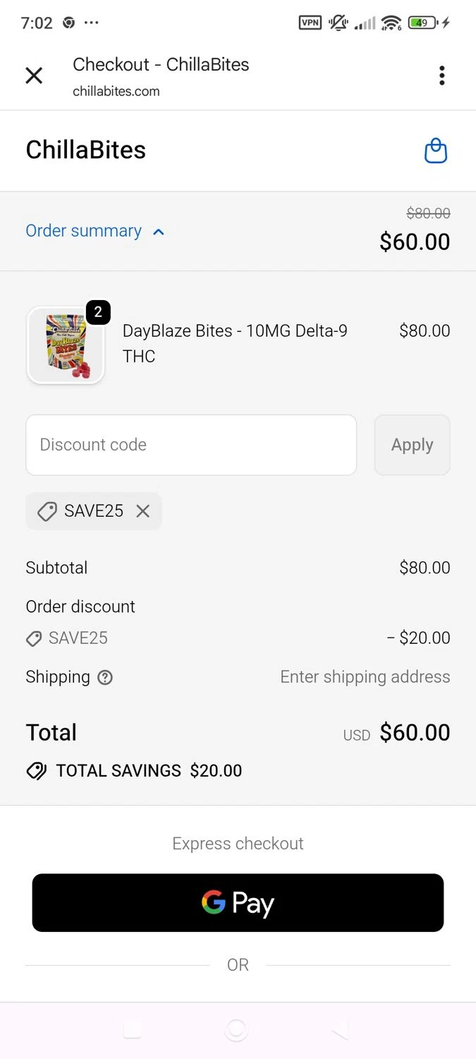 ChillaBites promo code screenshot showing code SAVE25 applied at ChillaBites checkout page. Uploaded by SimplyCodes community member ShieldWhiz4659 on Sep 23, 2025