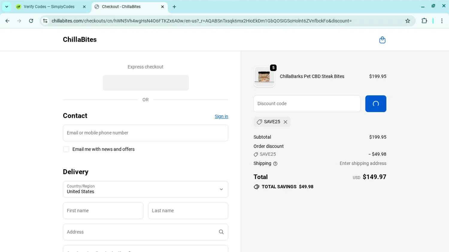 ChillaBites promo code screenshot showing code SAVE25 applied at ChillaBites checkout page. Uploaded by SimplyCodes community member SwiftSage2309 on Nov 20, 2025